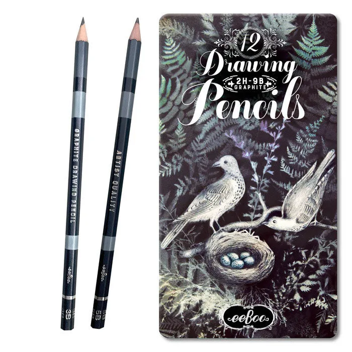 eeBoo Doves in Ferns 12 Drawing Pencils Tin