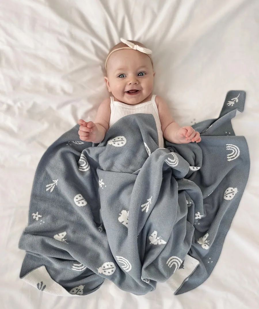 Knitted Heirloom Blanket | Enchanted Garden | Sky Blue