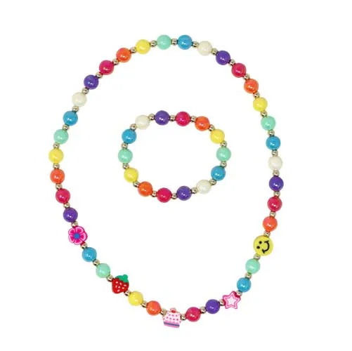Pink Poppy Necklace And Bracelet Set Rainbow Smiley Face And Fruit
